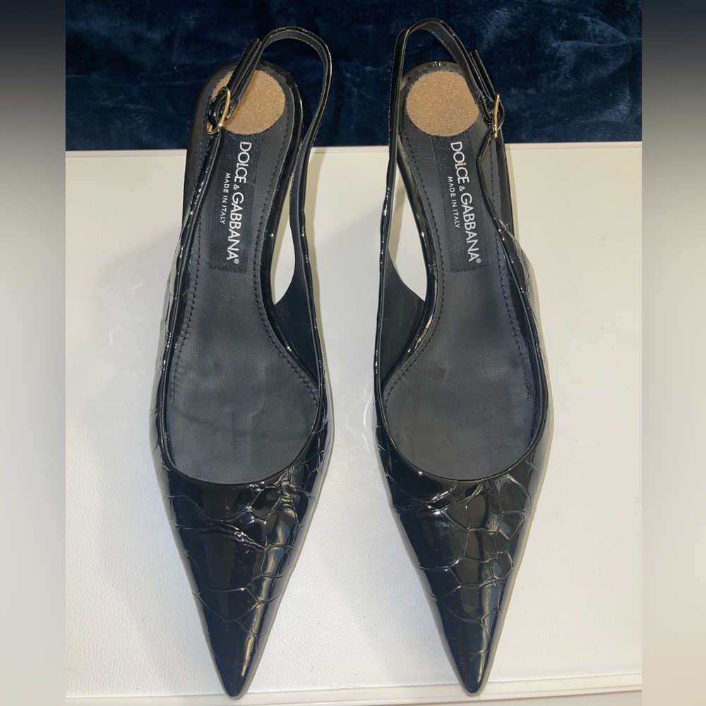 Dolce & Gabbana Black Crocodile Patent Leather Slingbacks